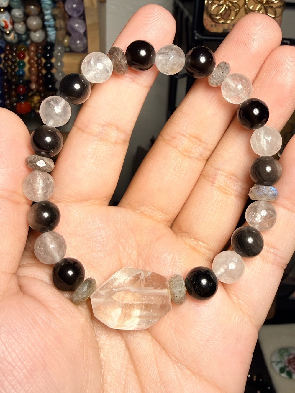 Silver Sheen Obsidian & Gray Quartz Bracelet with Quartz Accent